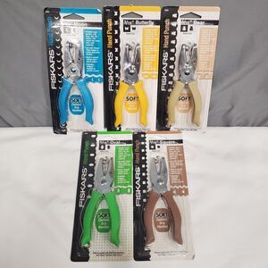 5 Fiskars Cushioned Grip Hand Punch NEW Butterfly Bear Moon Square Oval